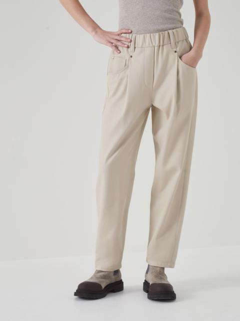 Stretch cotton cover baggy pull-on trousers with shiny bartack