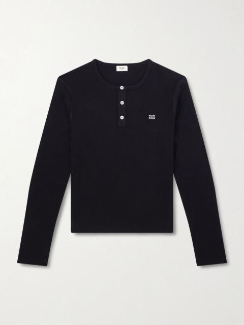 CELINE Slim-Fit Logo-Embroidered Ribbed Cotton-Jersey Henley T-Shirt Black