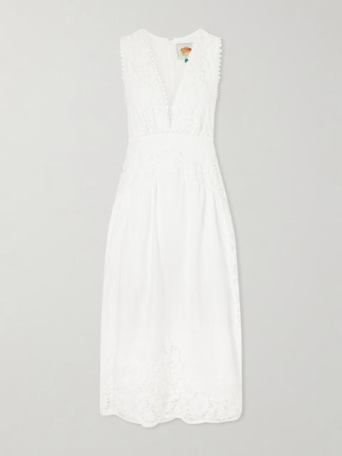 FARM RIO Floral-embroidered Linen Midi Dress