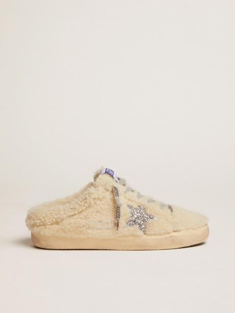 Super-Star Sabots in white shearling with glitter star