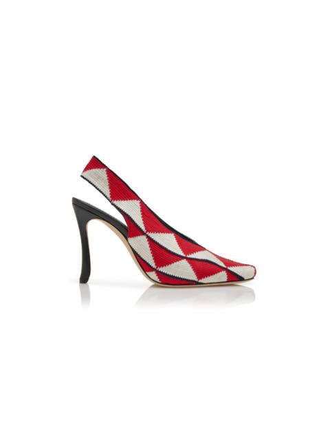 Manolo Blahnik Red and White Cotton V-Neck Slingback Pumps