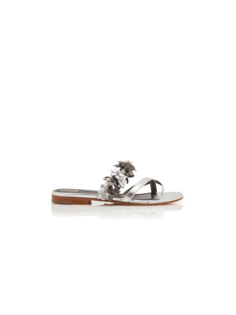 Manolo Blahnik Silver Nappa Leather Flat Sandals