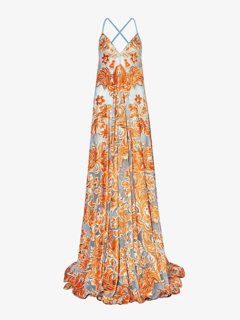 Plunge-neck paisley-pattern woven maxi dress