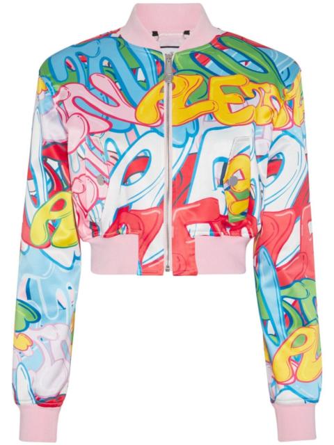 PHILIPP PLEIN graffiti-logo cropped satin bomber jacket