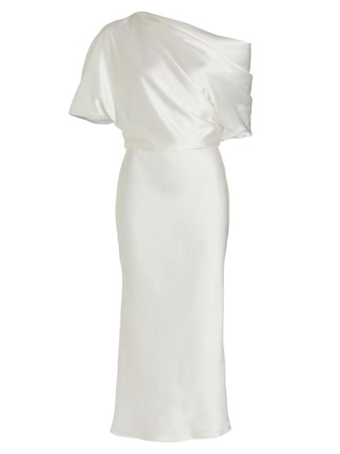 AMSALE Women's Draped Satin Pencil Midi-Dress - Ivory