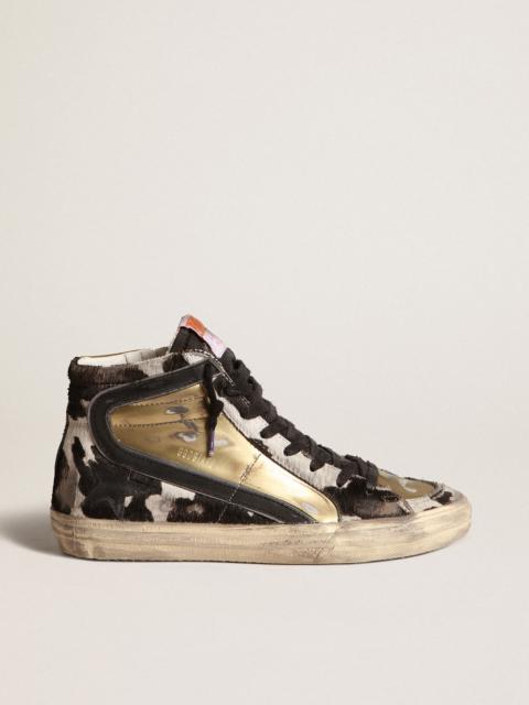 Golden Goose Women’s Slide LAB in zebra-print pony skin with gold inserts