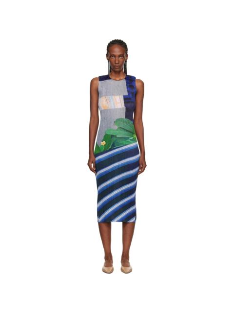 Pleats Please Issey Miyake Gray & Navy City Collage Midi Dress