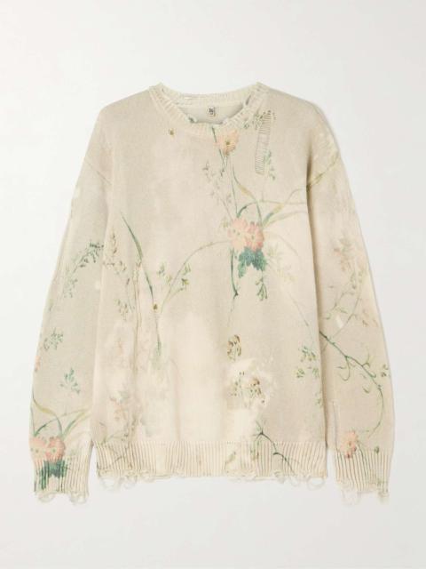 Distressed floral-print cotton sweater