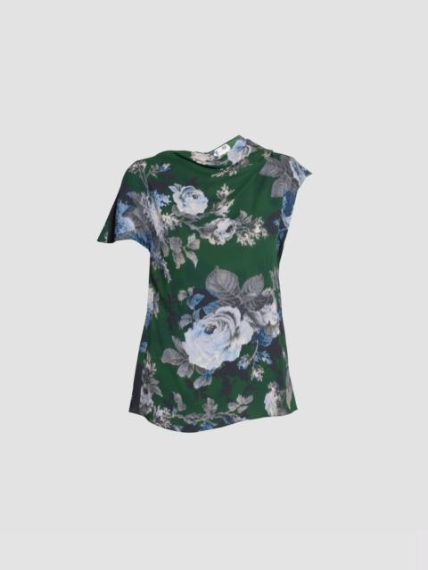Erdem FLORAL CREPE SHORT SLEEVE DRAPED TOP