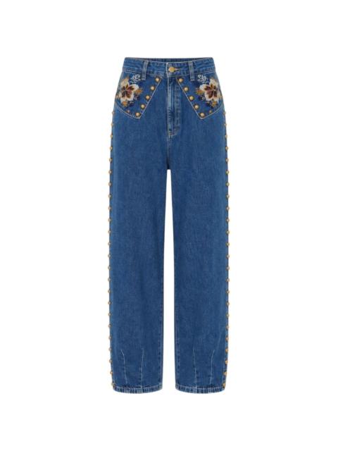 FARM RIO stud-embellished floral-embroidered jeans