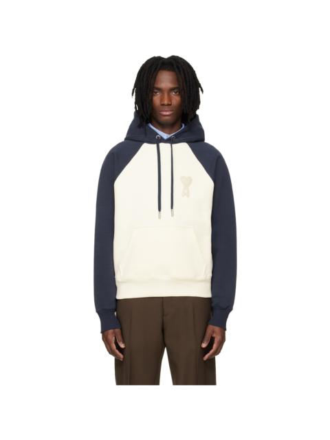 AMI Paris Off-White & Blue Cotton Knitted Ami de Coeur Hoodie