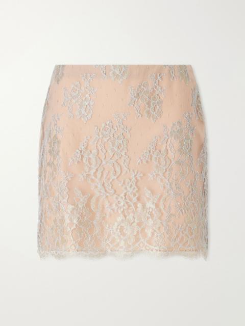 Valentino Metallic lace-trimmed satin mini skirt Neutral