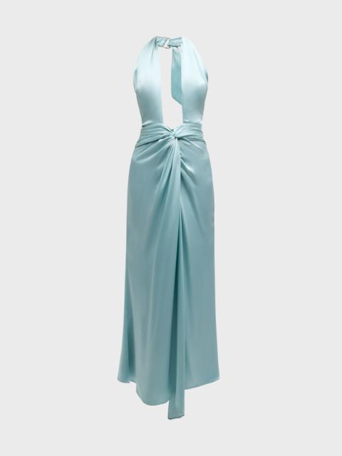 LAPOINTE Plunging Halter Draped Open-Back Satin Maxi Dress