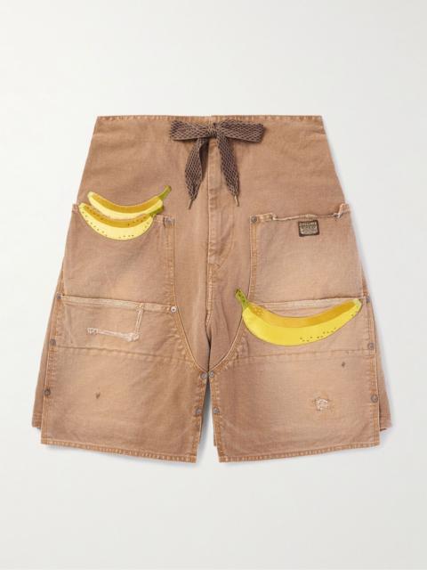 Kapital Wide-Leg Appliquéd Distressed Panelled Denim Shorts Camel