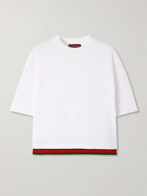 GUCCI Appliquéd striped cotton-jersey T-shirt White