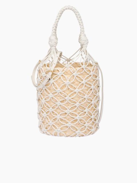 Leather mesh and straw bucket bag
