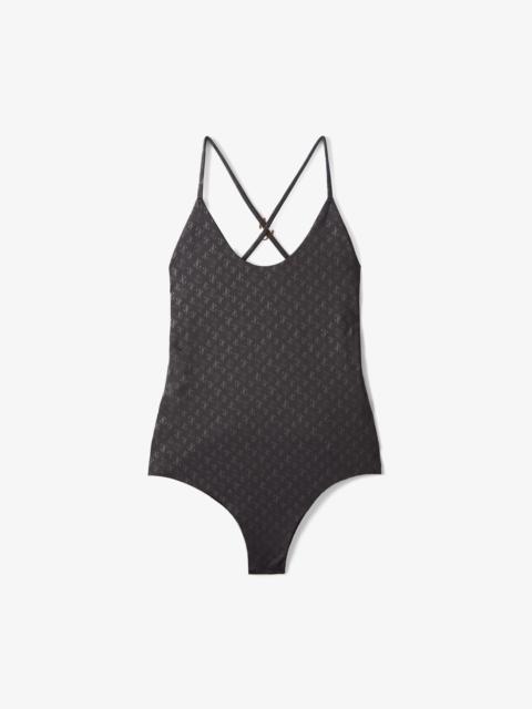 JIMMY CHOO Eudora
Black JC Monogram-Print Regenerated Nylon and Lycra Cross-Strap Swimsuit