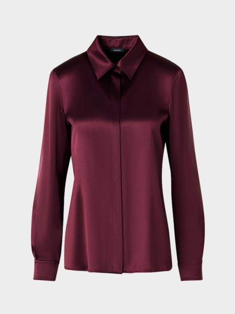 AKRIS Silk Satin Concealed-Front Button-Down Blouse