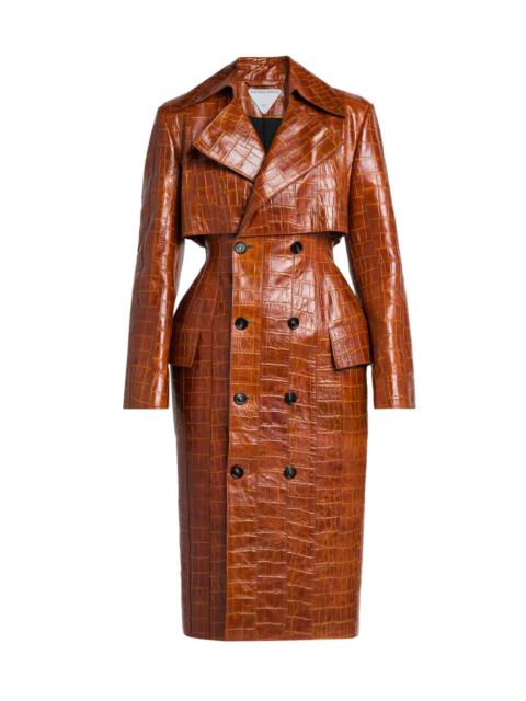 Bottega Veneta Women's Double-Breasted Croc-Embossed Leather Coat - Burnt Orange