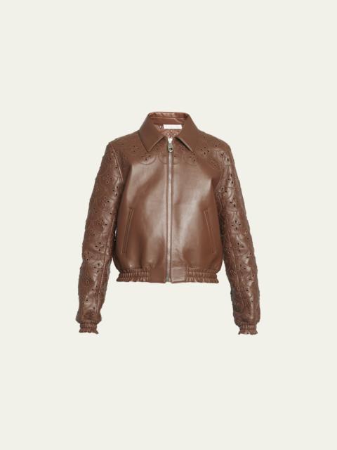 Chloé Leather Short Jacket with Cutout Eyelet Embroidery