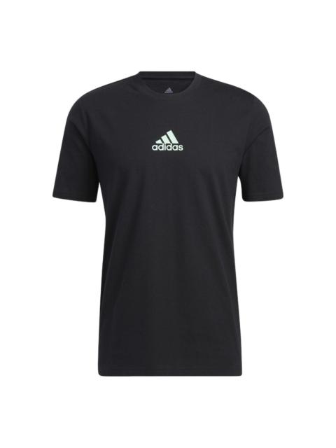 Men's adidas Small Logo Back Pattern Printing Round Neck Short Sleeve Black T-Shirt HE2339