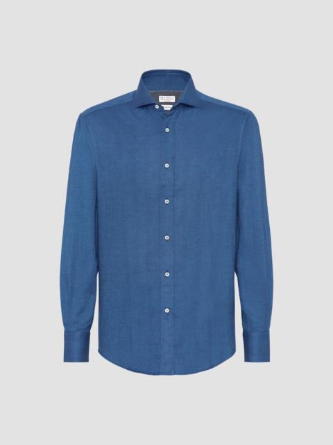 Brunello Cucinelli Men's Stretch Cotton Chevron Flannel Shirt with Spread Collar - Blue