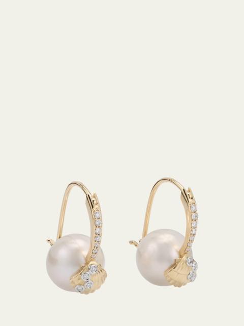 SYDNEY EVAN 14K Gold Clamshell and 10mm Freshwater Pearl Diamond Earrings