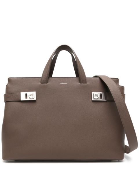 brown grained-leather tote bag