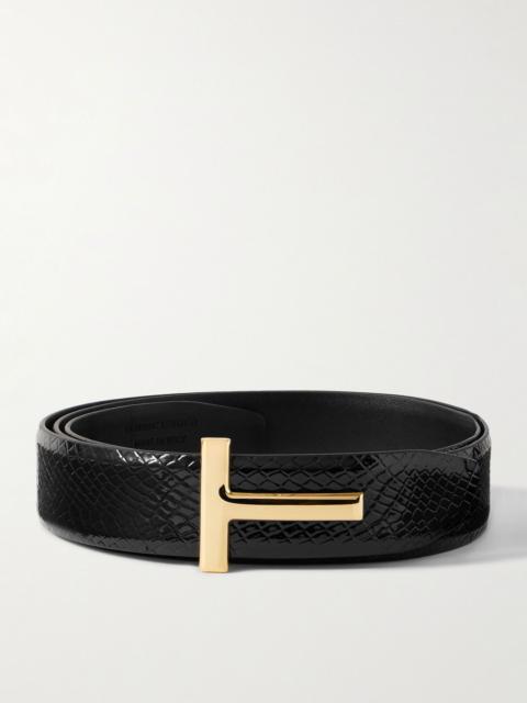 3cm Reversible Snake-Effect Patent-Leather Belt Black