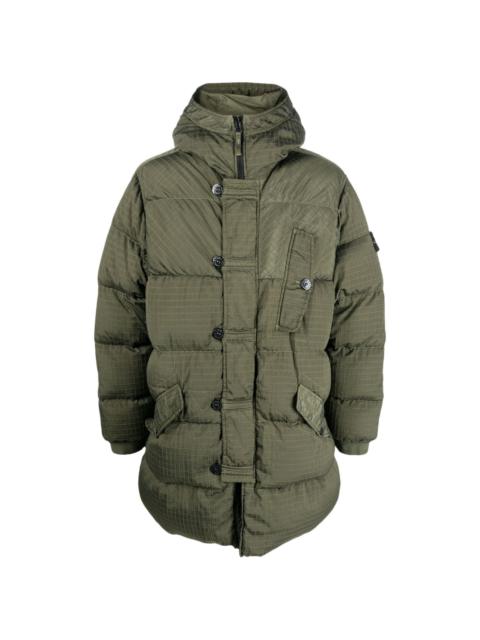 Compass-patch hooded down jacket