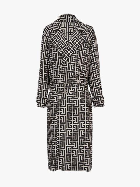 Balmain Bicolor ivory and black wool trench coat with Balmain monogram