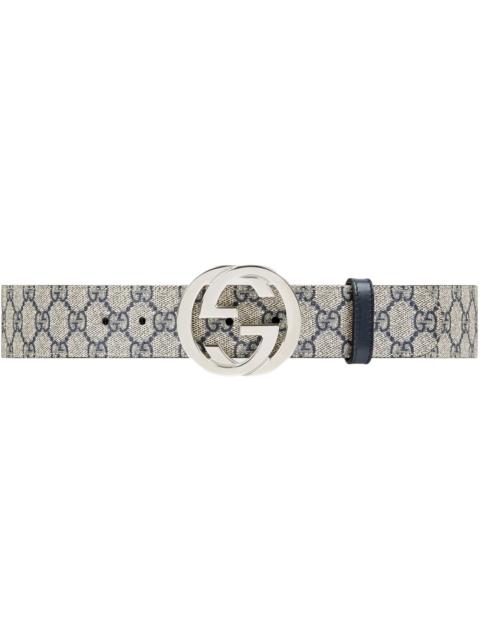 GUCCI Gucci Interlocking G Palladium Buckle Belt GG Supreme 1.5"W Beige/Blue