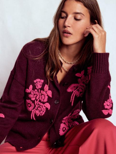 BODEN Natalie Embroidered Cardigan-Dark Cherry Bouquet