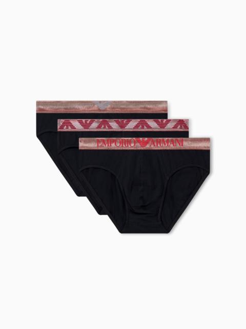 EMPORIO ARMANI THREE-PACK OF COTTON BRIEFS WITH SHINY LOGO WAISTBAND