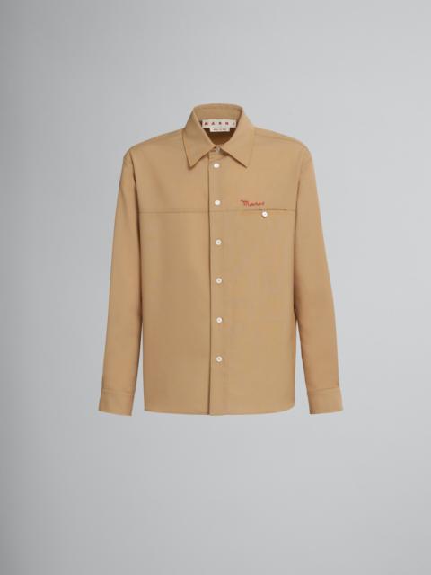 BEIGE TROPICAL WOOL SHIRT WITH EMBROIDERED LOGO