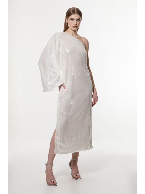 KAREN MILLEN Liquid Shine One Shoulder Woven Sequin Dress