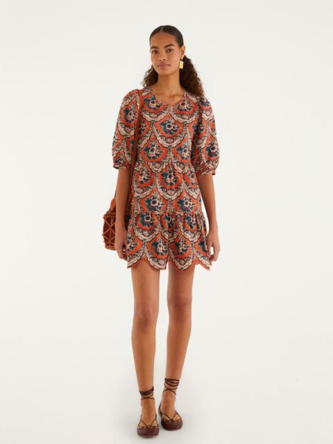 FARM RIO Terracotta Victorian Floral Puff Sleeve Mini Dress
