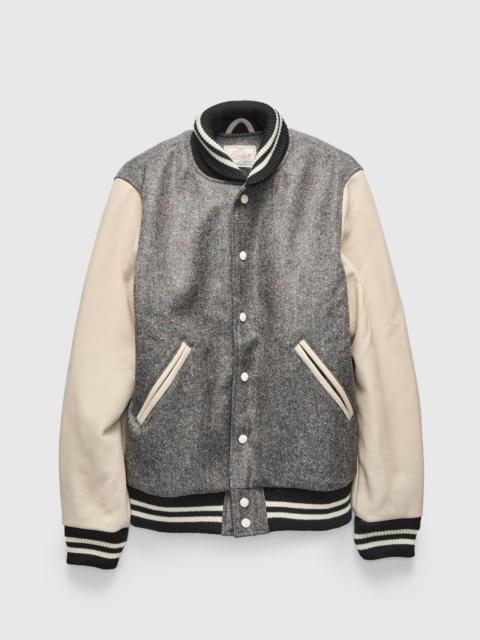 Dehen 1920 2-Stripe Varsity Jacket in Silt Donegal Wool Milk Leather