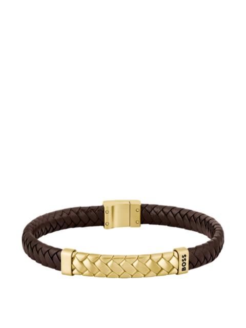 BOSS HERRINGBONE-DESIGN CUFF IN BROWN LEATHER