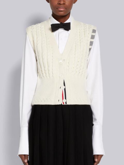 Thom Browne White Merino Wool 4-Bar Pointelle Cable Cardigan Vest