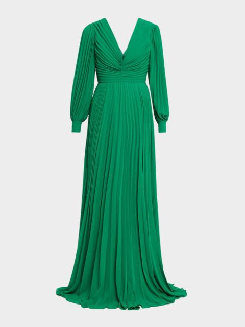 BADGLEY MISCHKA Pleated Blouson-Sleeve Georgette Gown