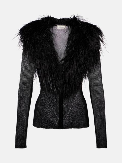 Blumarine Feather-trimmed ribbed-knit cardigan