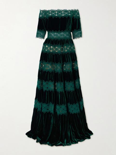 COSTARELLOS Off-the-shoulder Striped Lace And Velvet Gown