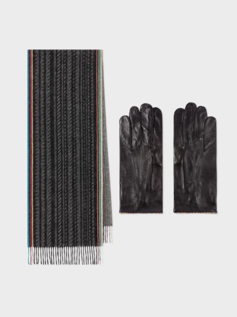 Paul Smith 'Signature Stripe' Trim Leather Gloves & Wool Scarf Gift Set