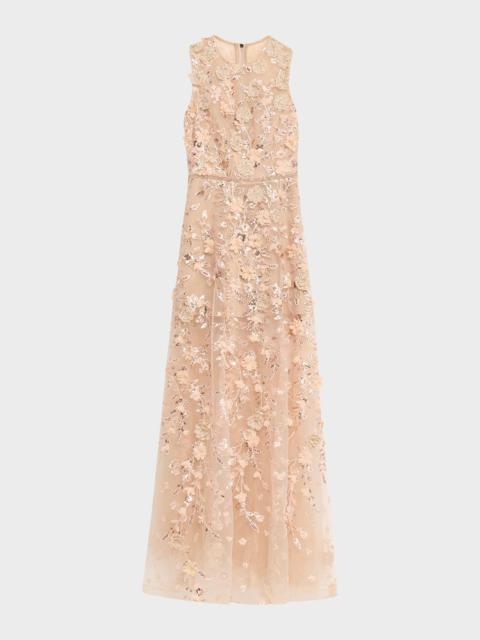 BRONX BANCO Arielle Floral Embroidered Sleeveless Gown