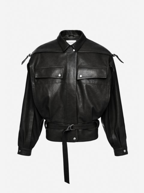 Oversized belted leather jacket in black