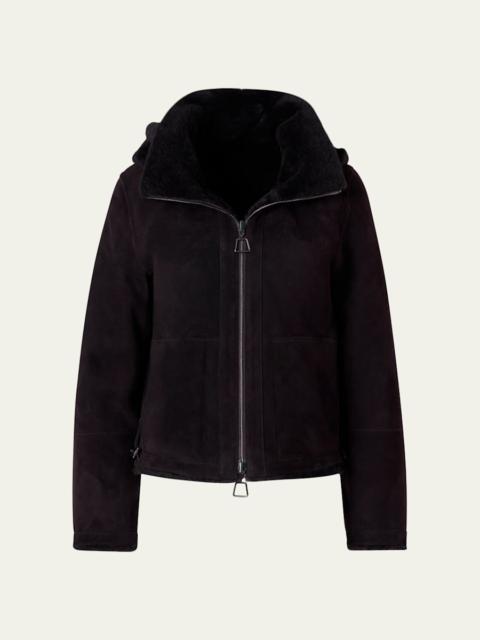 AKRIS Dino Reversible Lamb Shearling Zip Jacket With Detachable Hood