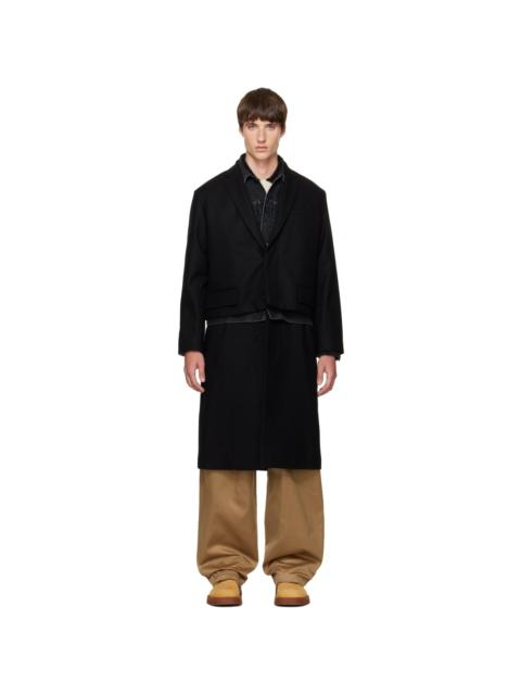 sacai Black Wool Flannel x Denim Coat