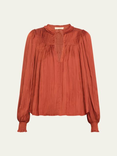 Leah Pleated Split-Neck Puff-Sleeve Blouse