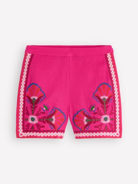 BODEN Embroidered Linen Shorts-Pink Peony, Embroidered